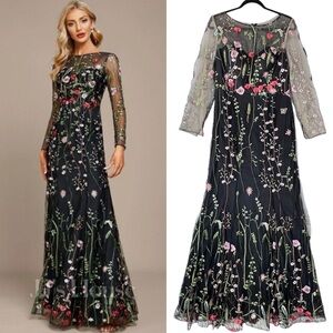 NWT JJs House Black Embroidered Floral Sheer Maxi Dress Sz 10 Sheath Gown